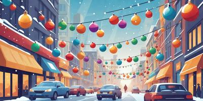 The primary subject of the image is a street scene with a man walking down the street. The setting is a snowy city street with a row of cars parked on the side. The visual style is a colorful, hand-drawn illustration. The colors and mood of the image are bright and cheerful, with the snow adding a touch of whimsy to the scene.